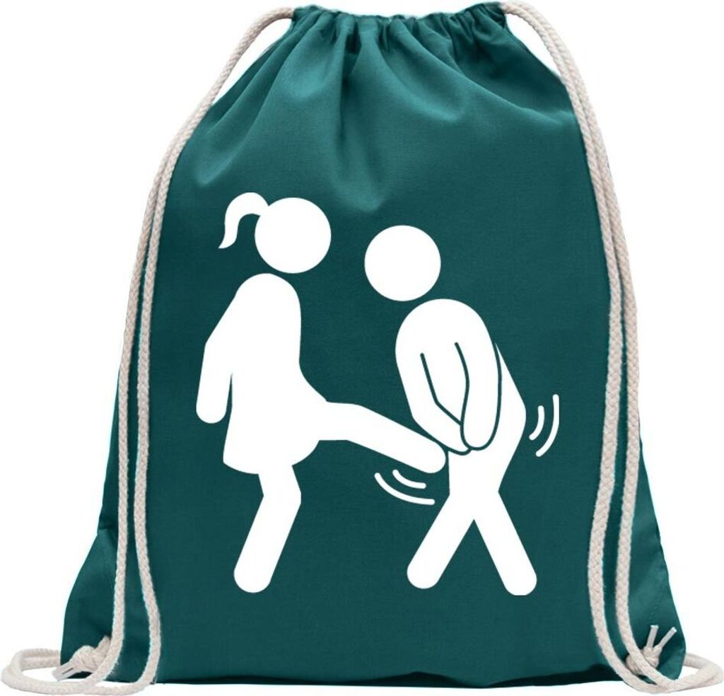 Kiwistar - Turnbeutel - petrol - Frau vs. Mann - Fun Rucksack Sport Beutel Gymsack Baumwolle mit Ziehgurt