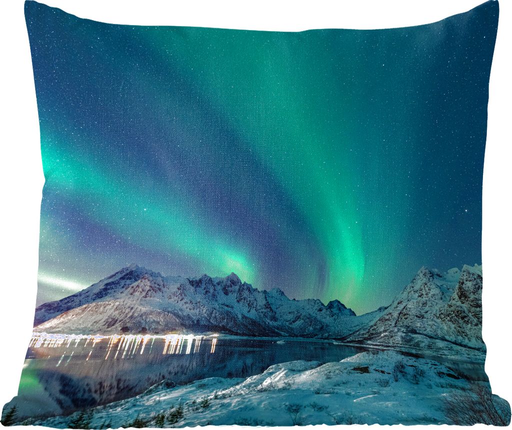MuchoWow Zierkissen Sofakissen Wohnzimmer Dekokissen 50x50 cm Nordlicht - Berg - Schnee - Grün - Sternenhimmel - Winter - Komfort - Sofakissen