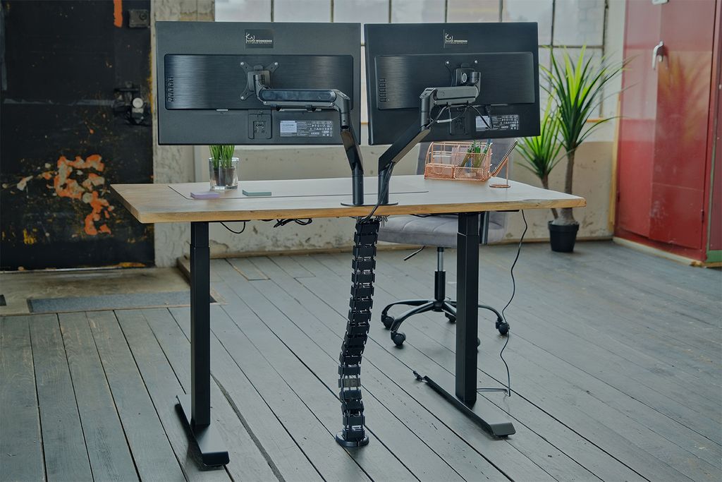 KAWOLA Schreibtisch LORA mit Monitorhalterung elektrisch höhenverstellbarer Schreibtisch 180x90cm mit Baumkante massiv