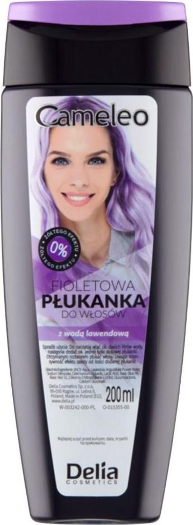 A bottle of Cameleo hair toner with a picture of a woman with purple hair on the label.