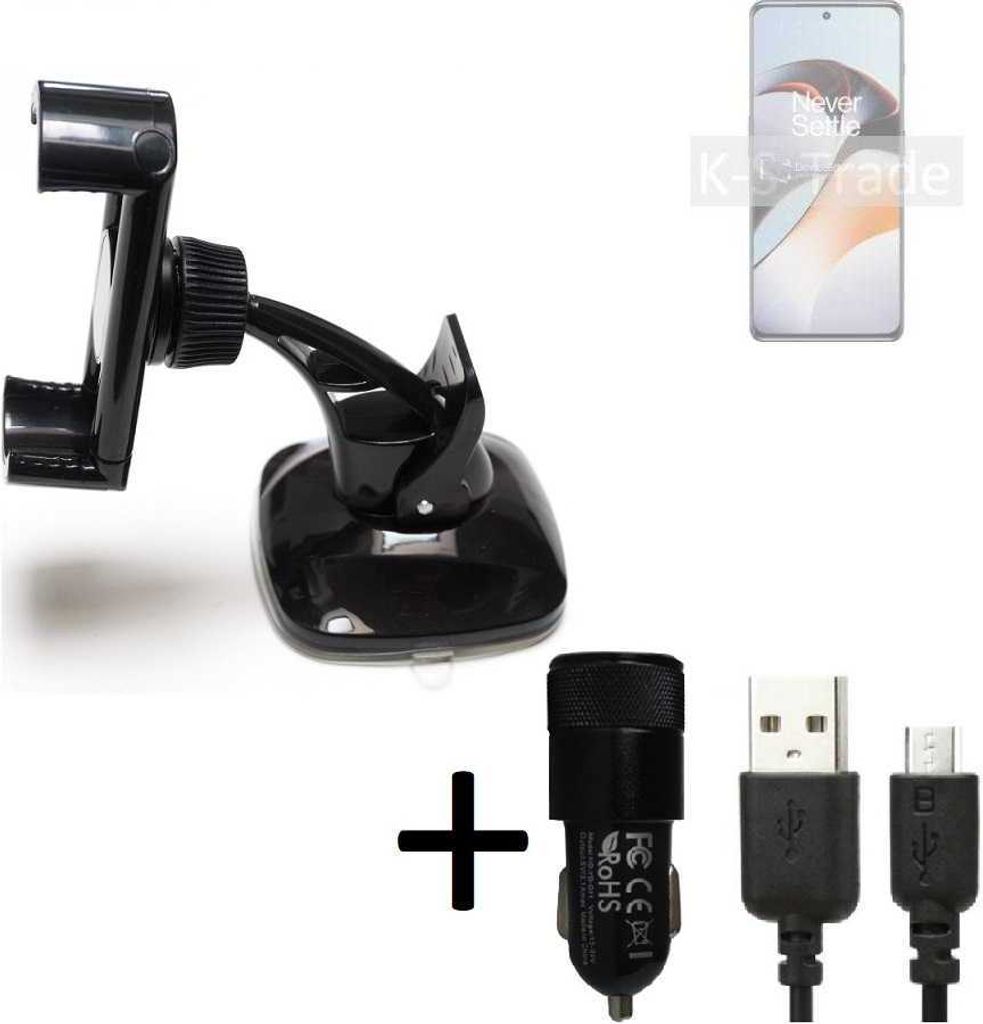 K-S-Trade Halterung kompatibel mit OnePlus Ace 2 Windschutzscheibe / Armaturenbrett + LADEGERÄT mit Mico USB Kabel Autohalterung KFZ Halter