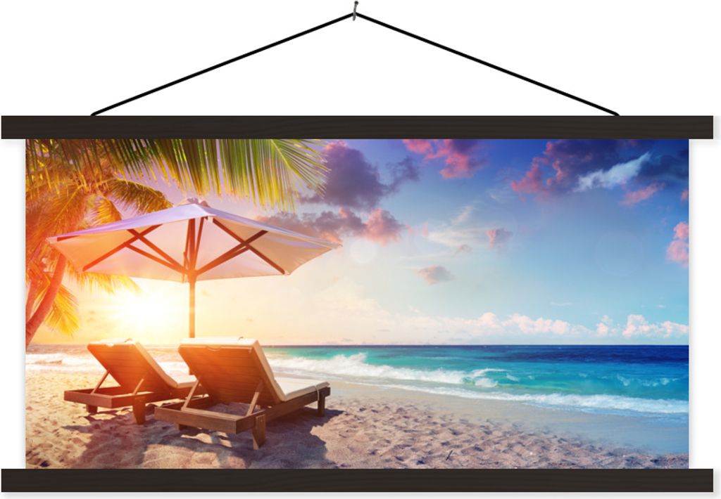 MuchoWow Textilposter Sonnenschirm - Stühle - Strand 90x45 cm mit schwarzem Rahmen - Klemmleisten
