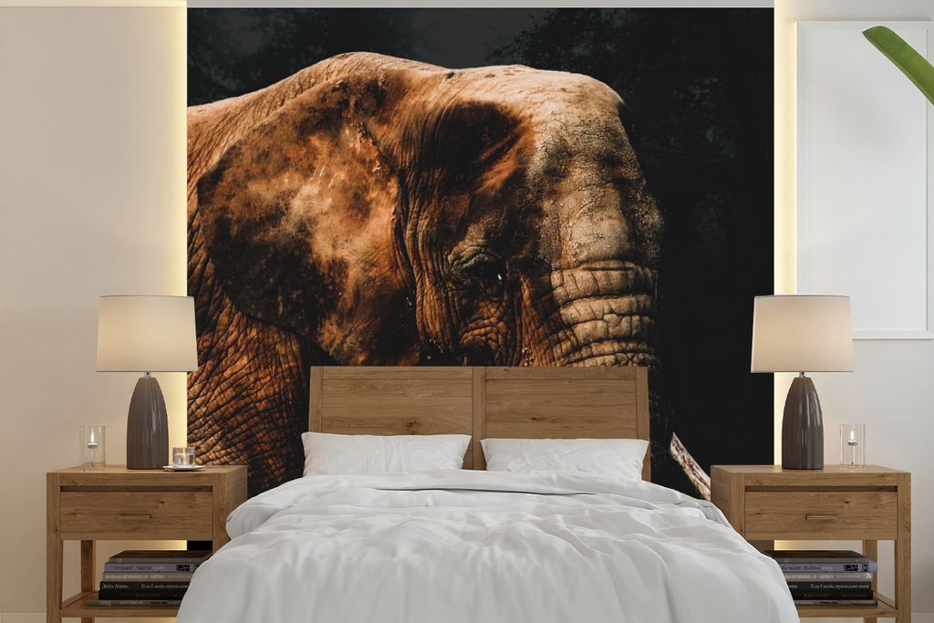 MuchoWow Fototapete für Wohnzimmer oder Schlafzimmer Wandtapete Vinyl Motivtapete Elefant - Tiere - Braun - 350x350 cm - Schlafzimmertapete