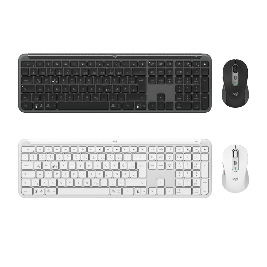 A top-down view of two computer keyboard and mouse sets, one black and one white, against a white background.