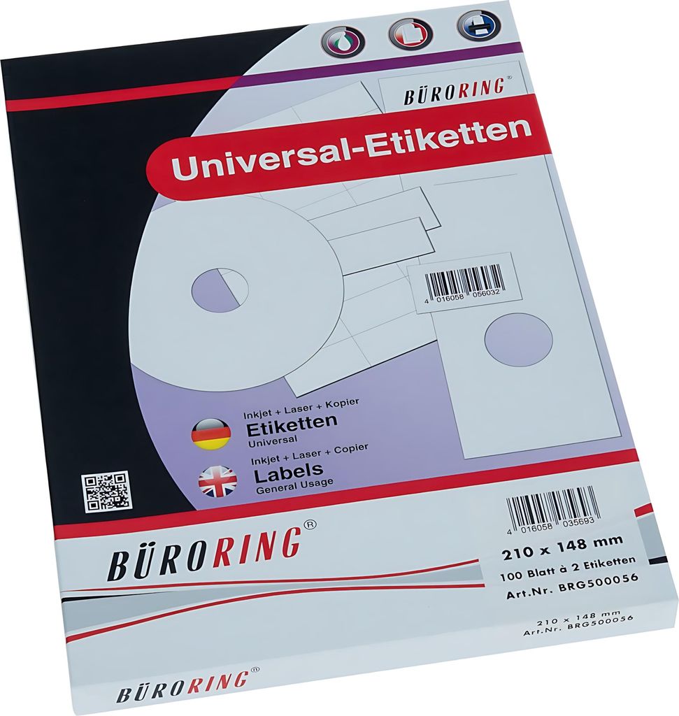 Büroring Etiketten, 210 x 148 mm, weiß, 200 Etiketten, lösungsmittelfrei, Inkjet-, Laserdrucker, Kopierer, 100 Blatt