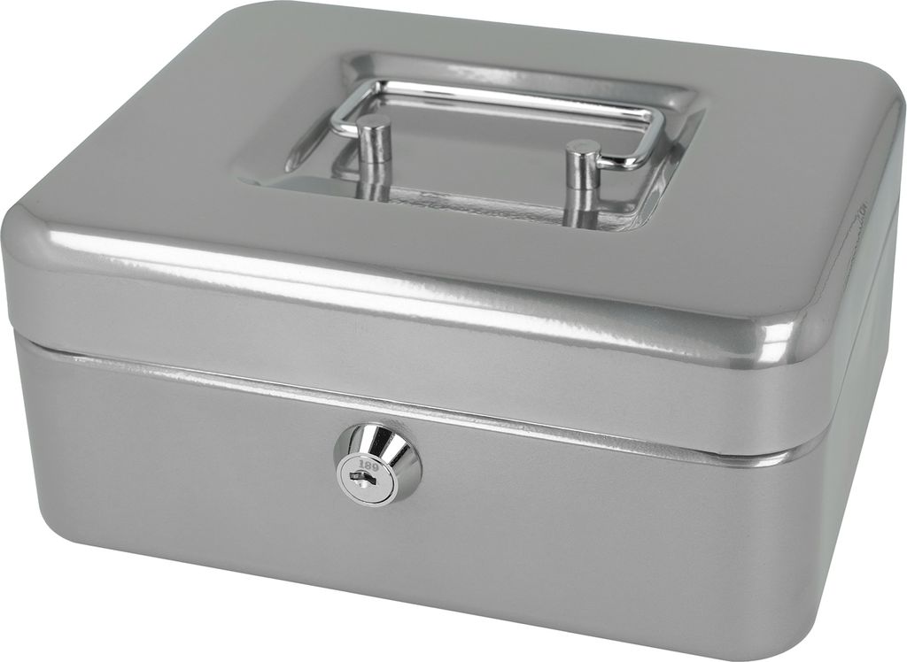 Geldkassette abschließbar (20 cm) Silber, 2 Schlüssel, Hartgeldeinsatz