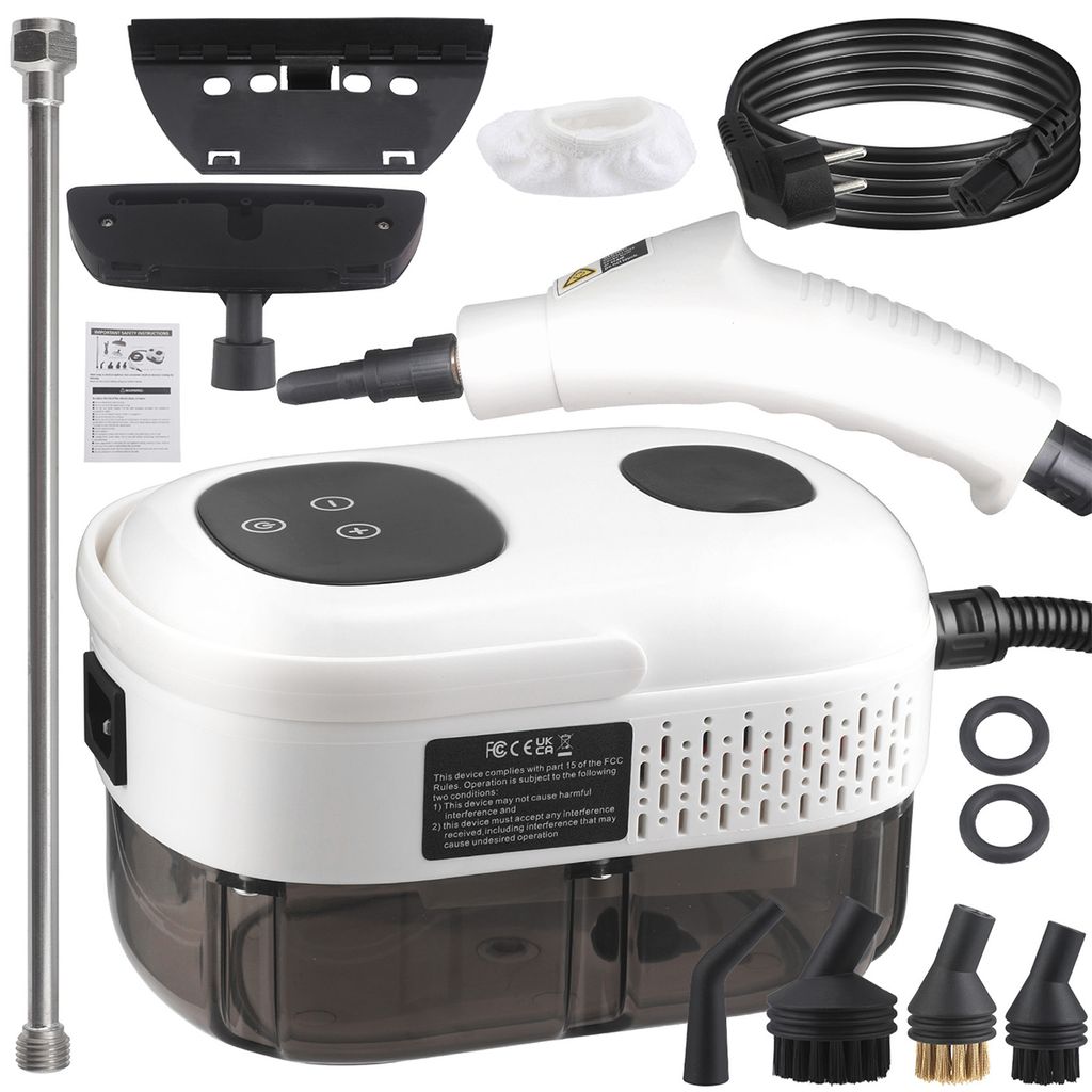 A collection of items for a steam cleaner set, laid out on a white background.