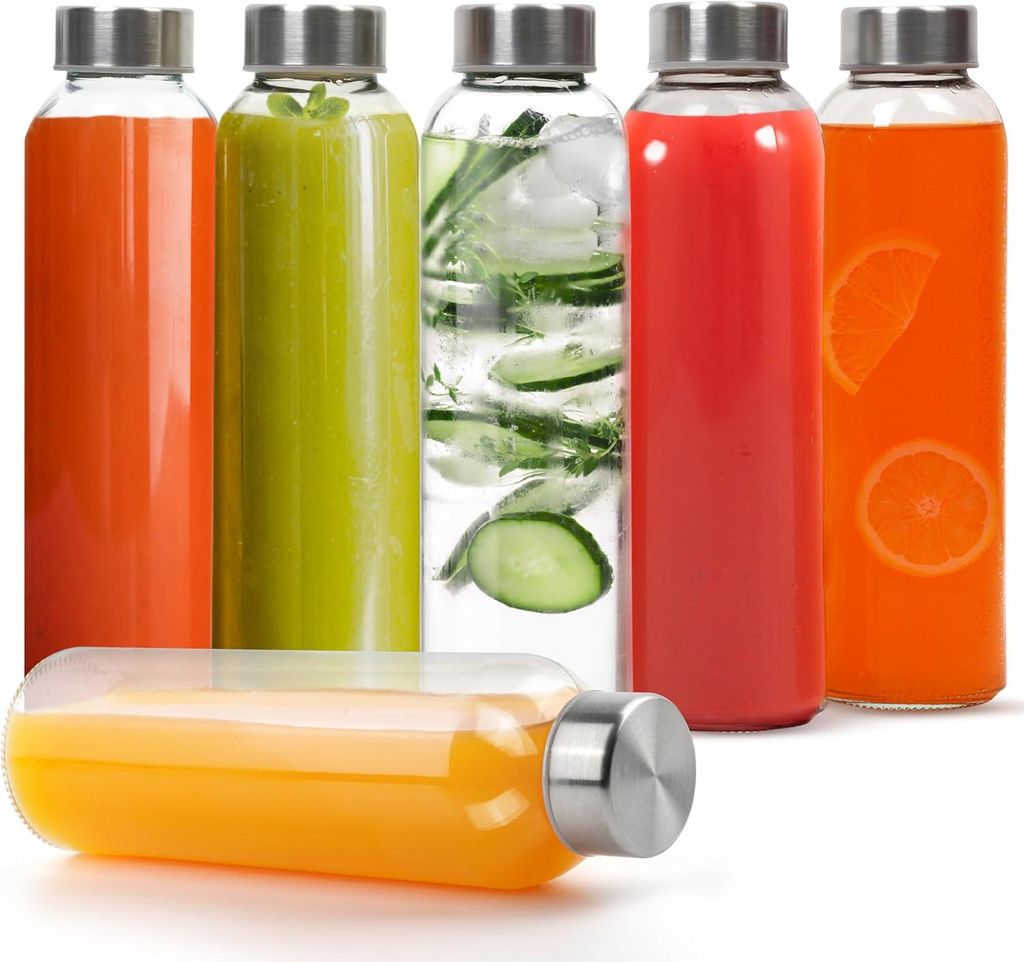 Winter Shore 500 ml Wiederverwendbare Wasserflasche Glas mit Edelstahlkappe [6er-Pack] - Durchsichtiges Auslaufsicheres Trinkflasche Set zum