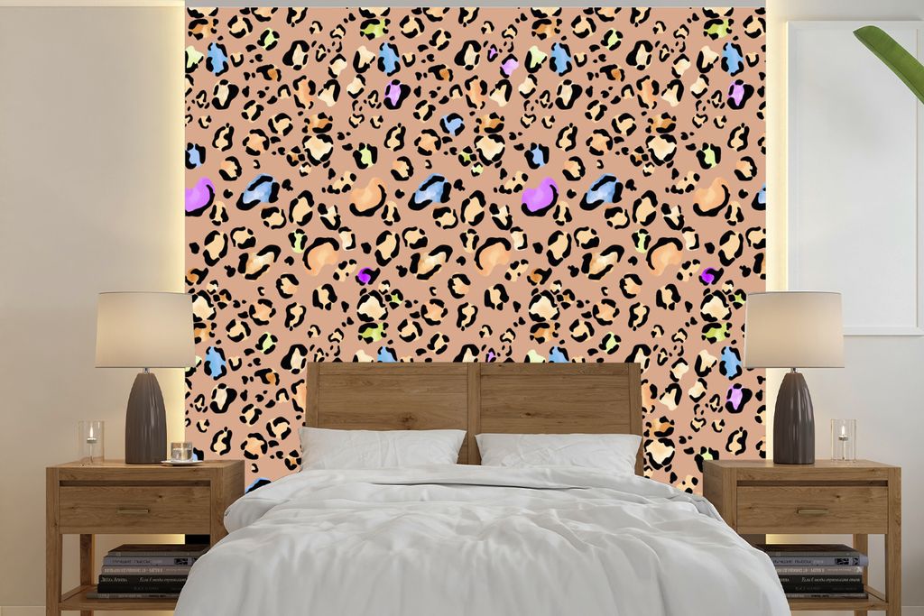 MuchoWow Fototapete für Wohnzimmer oder Schlafzimmer Wandtapete Vinyl Motivtapete Pantherdruck - Regenbogen - Muster - 240x240 cm - Schlafzimmer...
