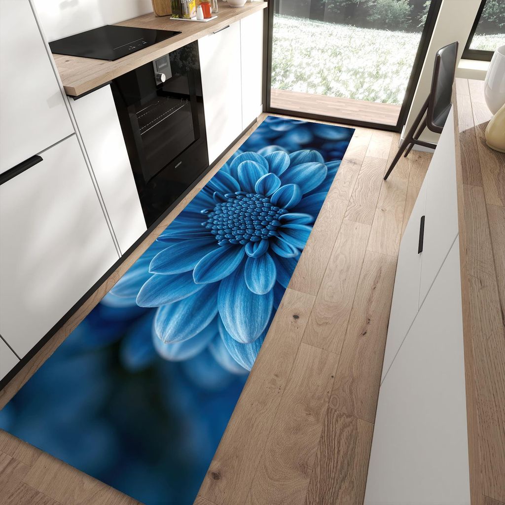 Küchenteppich 80x300cm rutschfest & abwischbar PVC Läufer - Blaue Blume