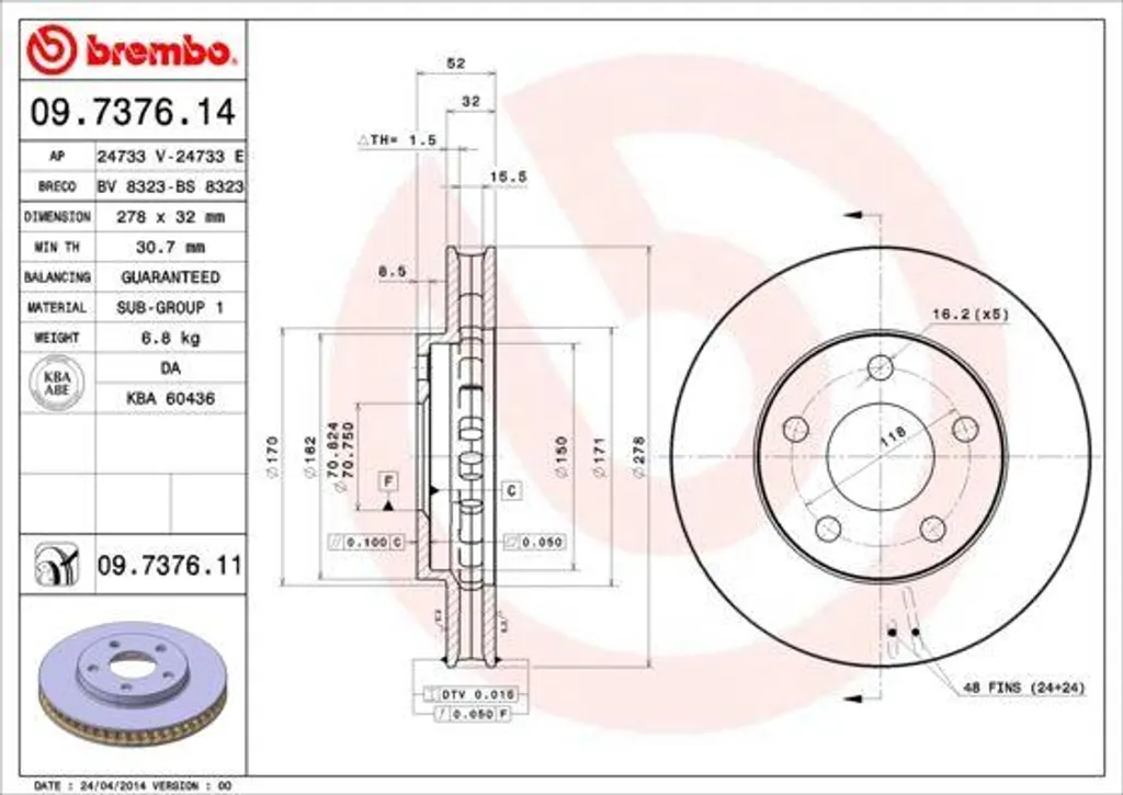 Disque de Frein Ventilé Brembo 09.7376.11 Haute Qualité pour APV