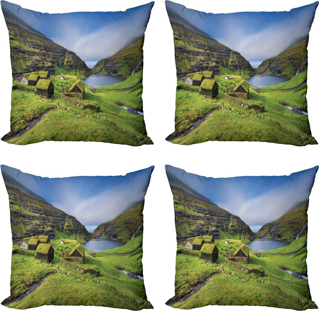 ABAKUHAUS Scenic Sommer Kissenbezug Set (4 Stück), Dänemark Dorf, Moderner Doppelseitiger Digitaldruck, 40 cm x 40 cm, Olivgrün Azure Blau