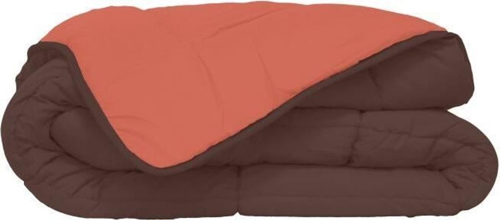 A folded comforter with a brown underside and a coral top.