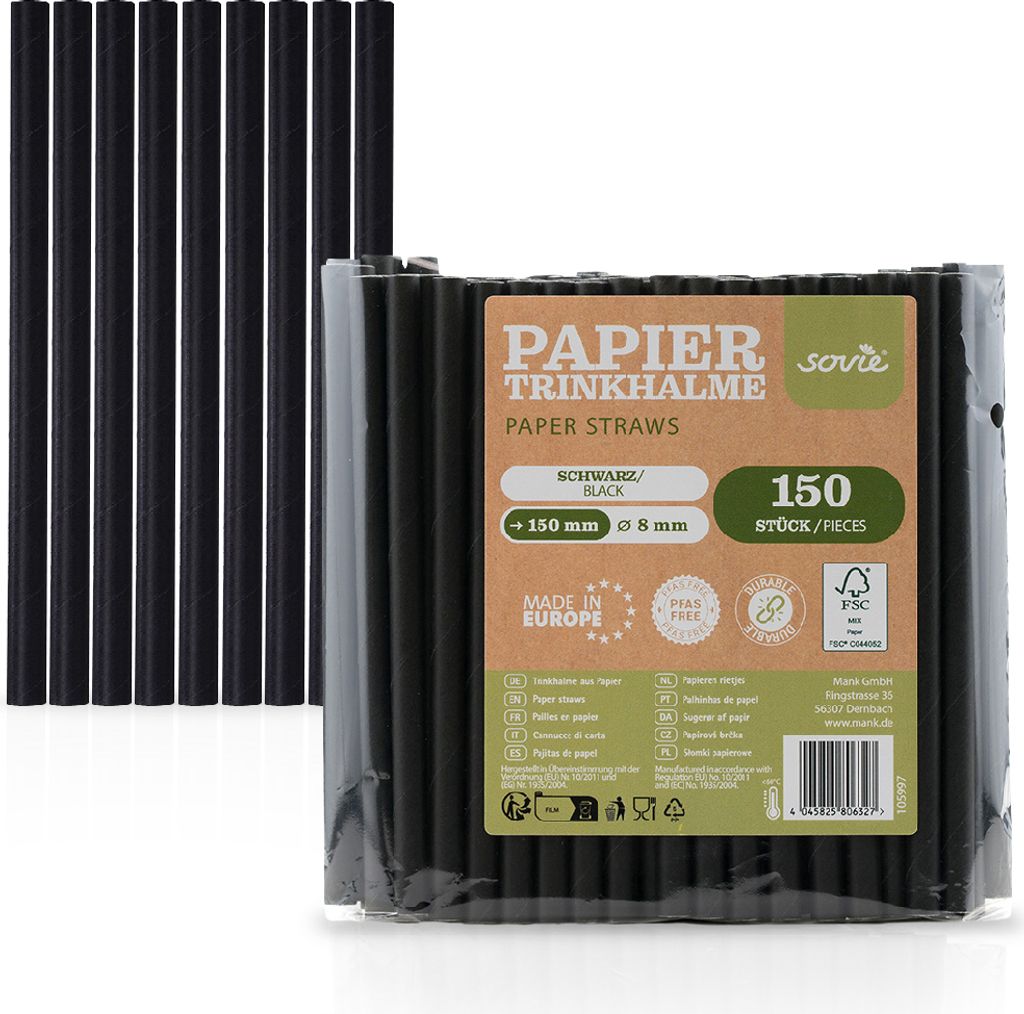 Trinkhalm aus Papier , in Schwarz, Ø 8 mm / 15 cm, 150 Produktbild 