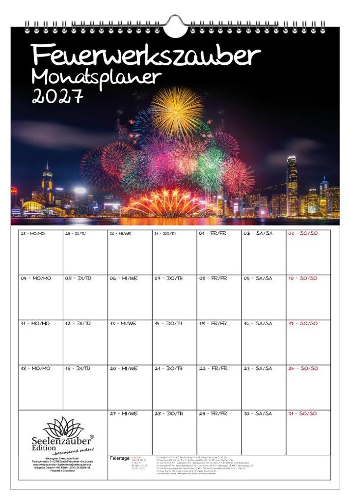 Feuerwerkszauber Planer DIN A3 Kalender für 2027 Feuerwerk - Geschenkset Inhalt: 1x Kalender 1x Weihnachtsanhänger 1x Grußanhänger (gesamt 3 Te...