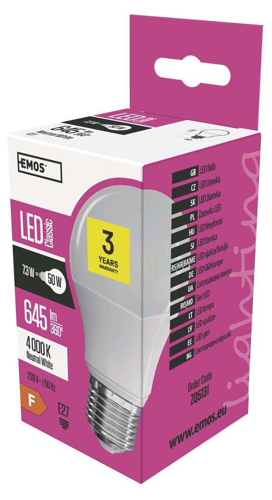 EMOS LED Lampe A60, 7,3 W Ersatz für 50 W Glühbirne, E27 Sockel, Helligkeit 645 Lumen, Neutralweiß 4000 Kelvin, ZQ5131