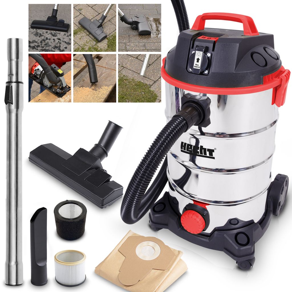 A collage of images showing a wet/dry vacuum cleaner and its accessories, along with various usage scenarios.