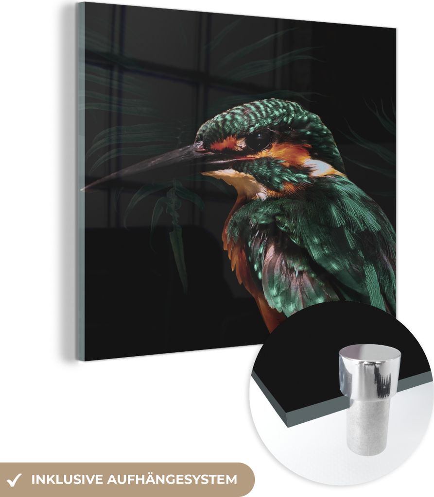 MuchoWow Glasbilder - Bilder auf Wandbild - Foto auf Glas Eisvogel - Vogel - Grün 50x50 cm Wanddekoration aus Glas - Acrylglasbild - Acrylbilder -...
