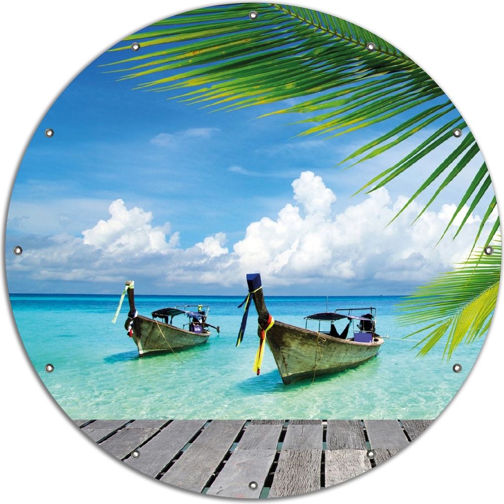 Wallario rundes Outdoor-Poster für Garten oder Balkon, Motiv Sonnenboot in der Karibik, 120 cm Durchmesser