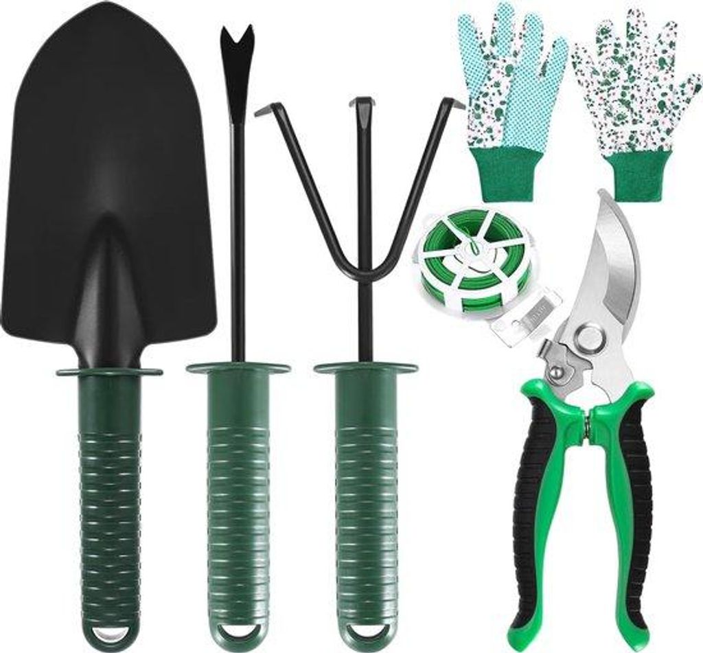 6-teiliges Gartengeräte-Set, inklusive Edelstahl-Gartengeräte, Handschere, transplantierte Kultivator, Schere, Handschuhe und 30 m Gartenzwirnband