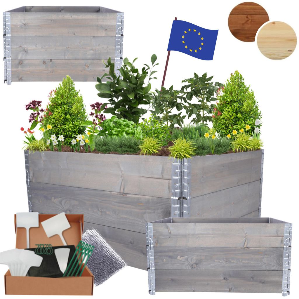 MODO24 Hochbeet Holz, Pflanzrahmen, Kräuterbeet, Gemüsebeet, Massivholz Kiefer, Garten, 60x120x100 cm, Grau, ZP10