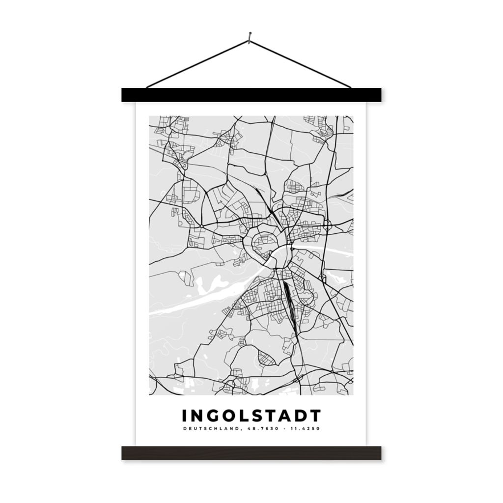 MuchoWow Textilposter Karte - Ingolstadt - Deutschland - Stadtplan - Karte 40x60 cm mit schwarzem Rahmen - Wanddekorationen