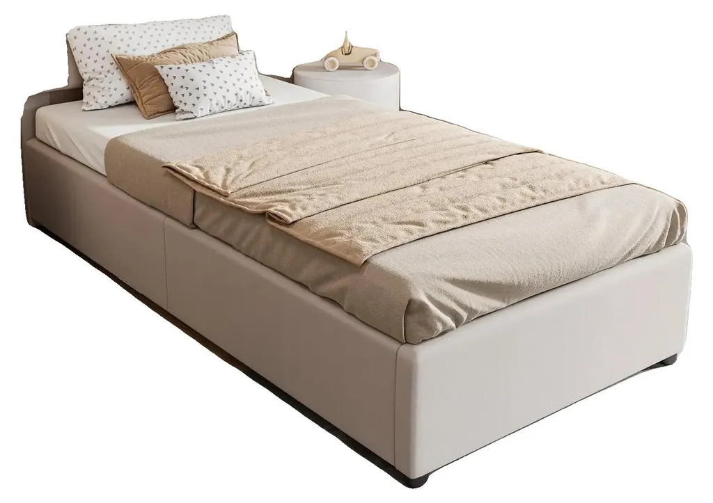 Lit 1 place gain de place 90x200 beige avec grand coffre de rangement bas