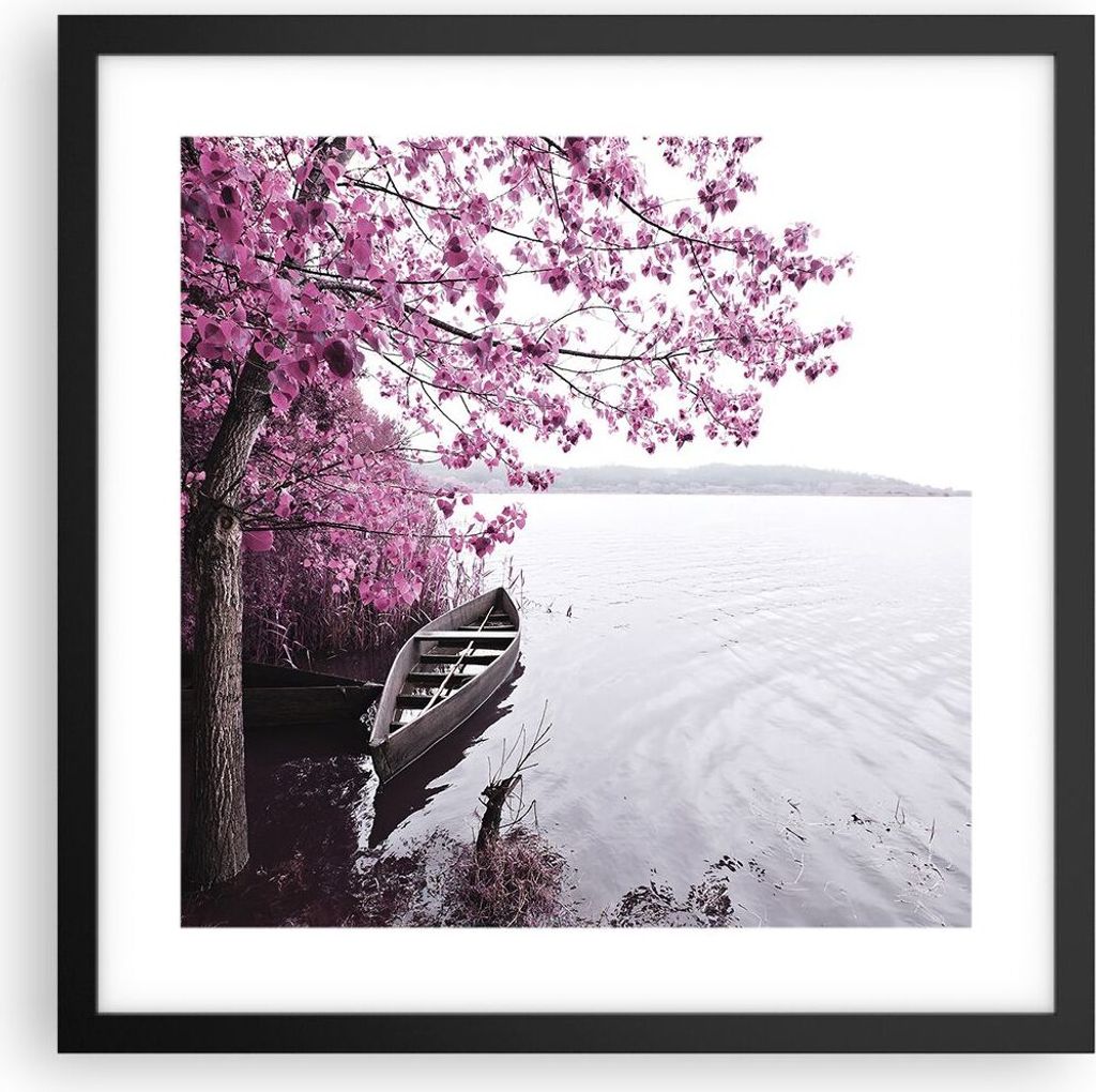 Gerahmtes Poster - Schwarzer Rahmen - See Rosa Bäume - 40x40 cm - Wand Bild - Wanddeko - Wandbilder - Kunstposter - Wandposter - Bilderrahmen - Bi...