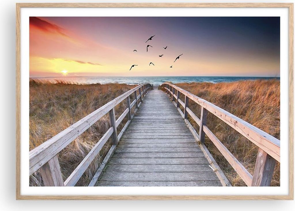 Gerahmtes Poster - Rahmen in heller Eiche - Eintrag auf der Strand - 100x70 cm - Wand Bild - Wanddeko - Wandbilder - Kunstposter - Wandposter - Bil...