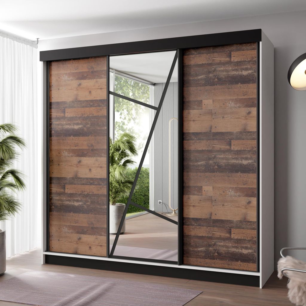 KIER FURNITURE Schrank mit Spiegel - Kleiderschrank mit Schiebetüren, 250x205x59 cm