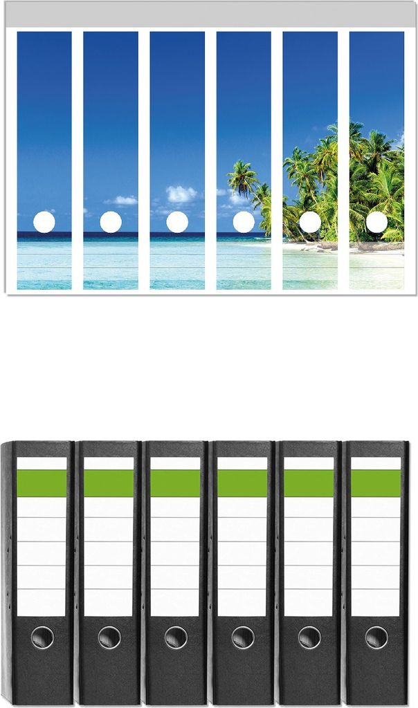 Wallario 6 Stück breite Ordner inkl. Klebeetiketten mit Motive Blauer Himmel weißer Strand Palmen und das tiefblaue Meer - Set mit Rückenschi...