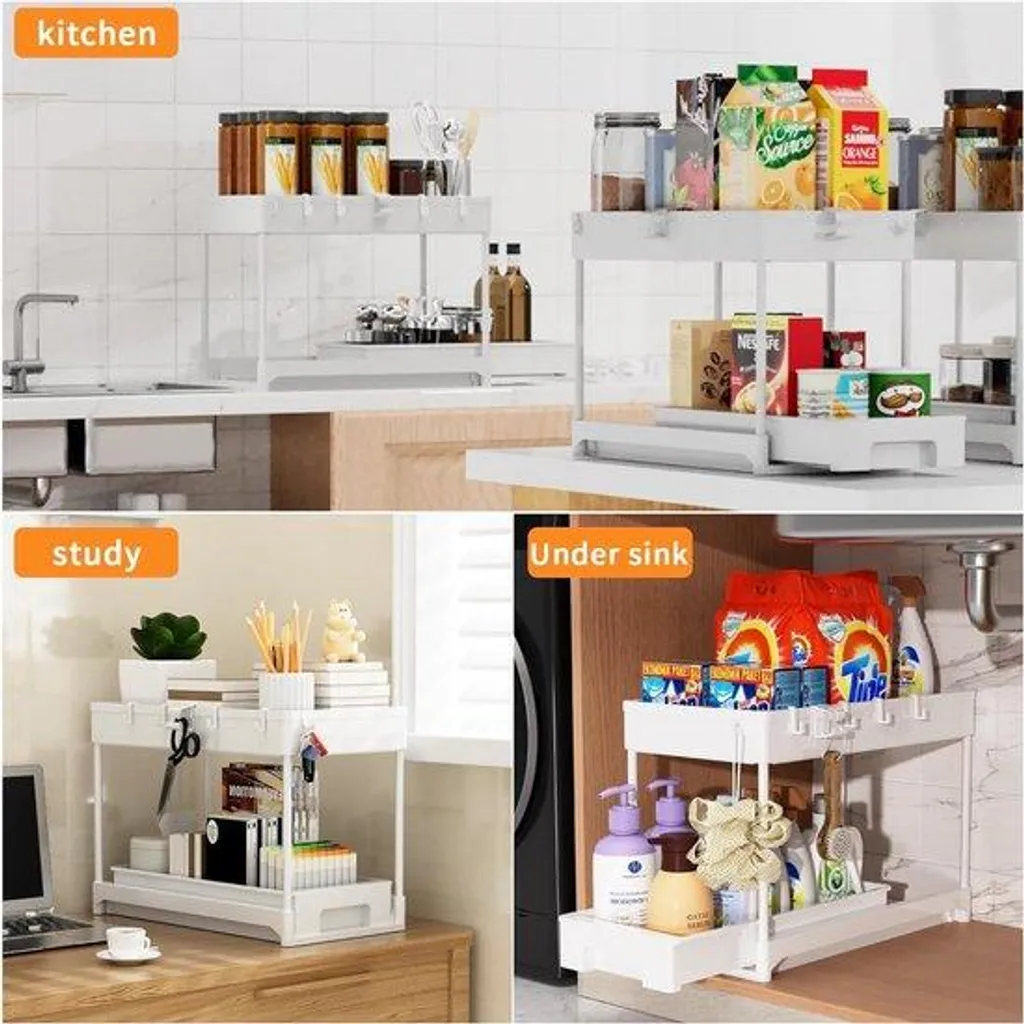 Étagère de rangement sous-évier coulissante en inox pour cuisine - 2 pièces