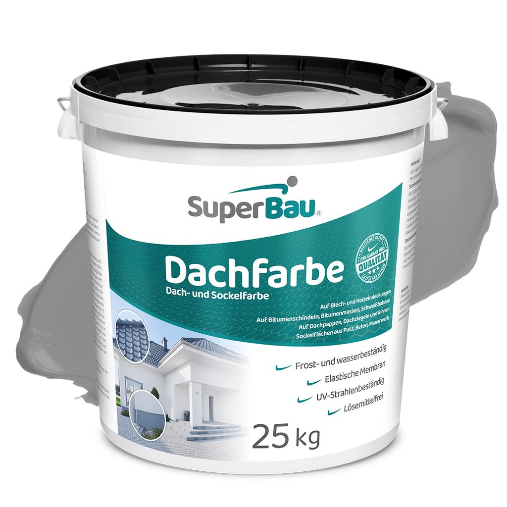 Superbau Dachfarbe Grau 25kg, Sockelfarbe WASSERDICHT, Fassadenfarbe für Außen, Dachbeschichtung für Blechdach, Bitumen, Dachpappe, Schindeln, Putz