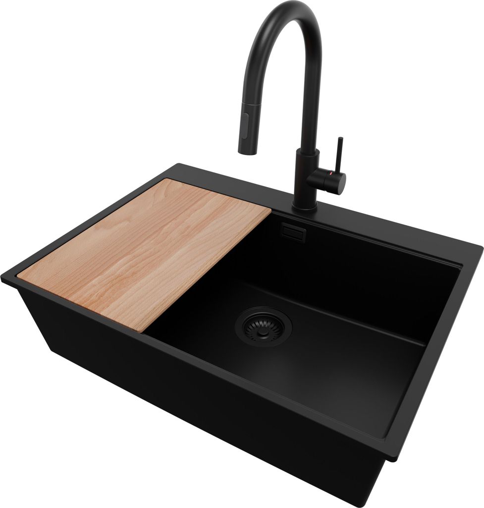 PRIMAGRAN Granitspüle Alles Schwarz 68x50cm, Spülbecken 1 Becken + Küchenarmatur 40x20cm + Ablauf-Set + Schneidebrett, Küchenspüle ab 70er Unt...