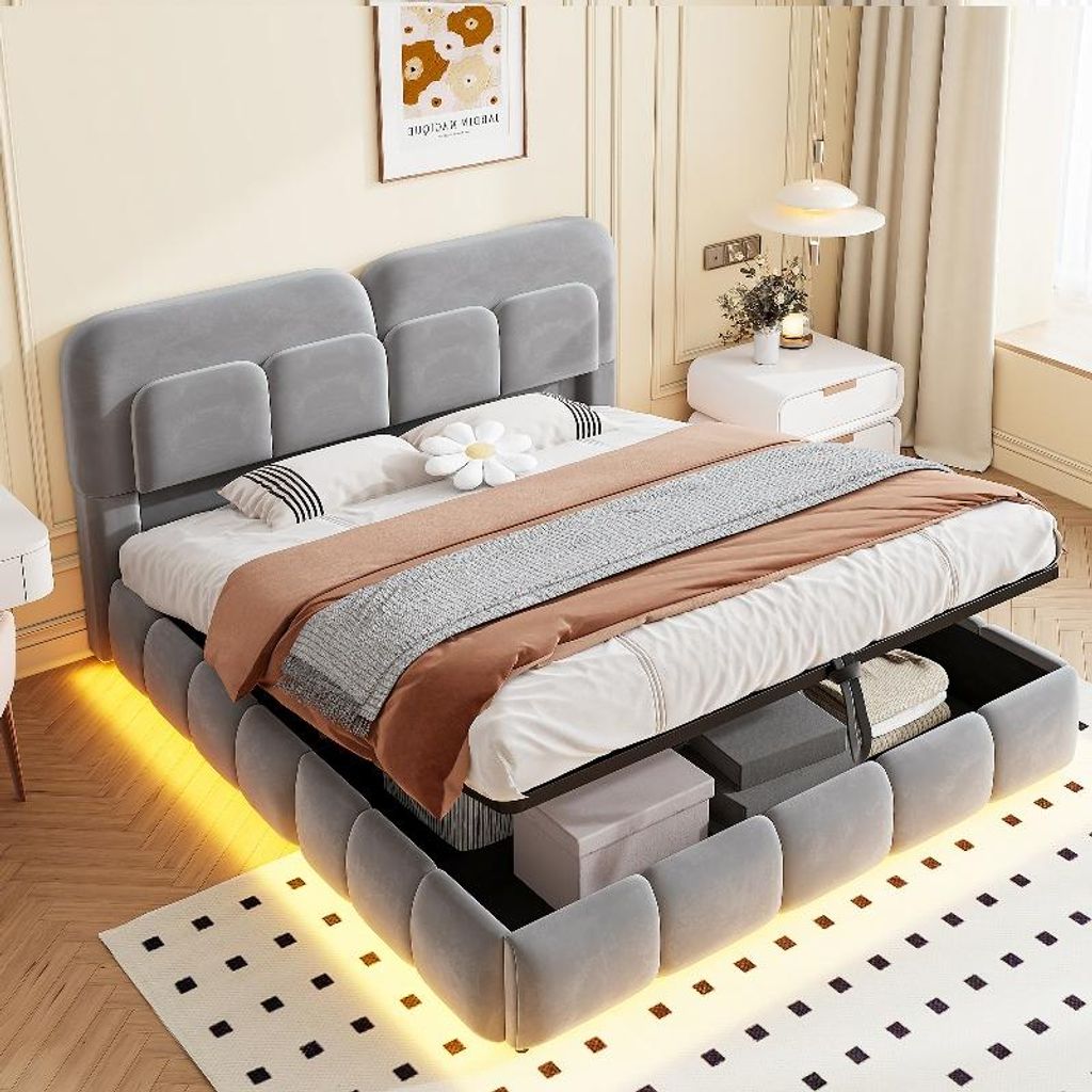 Lit rembourré 140x200 cm avec éclairage LED intégré et Image du produit 