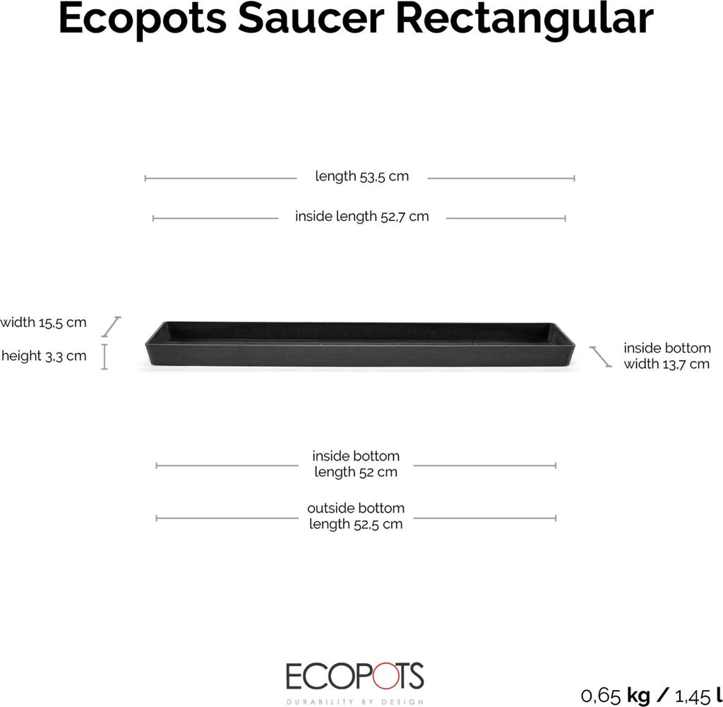 Ecopots Untersetzer rechteckig 55 für Blumentopf - L 53,5 cm x B 15,5 cm x H 3,3 cm - Innen- und Außenbereich