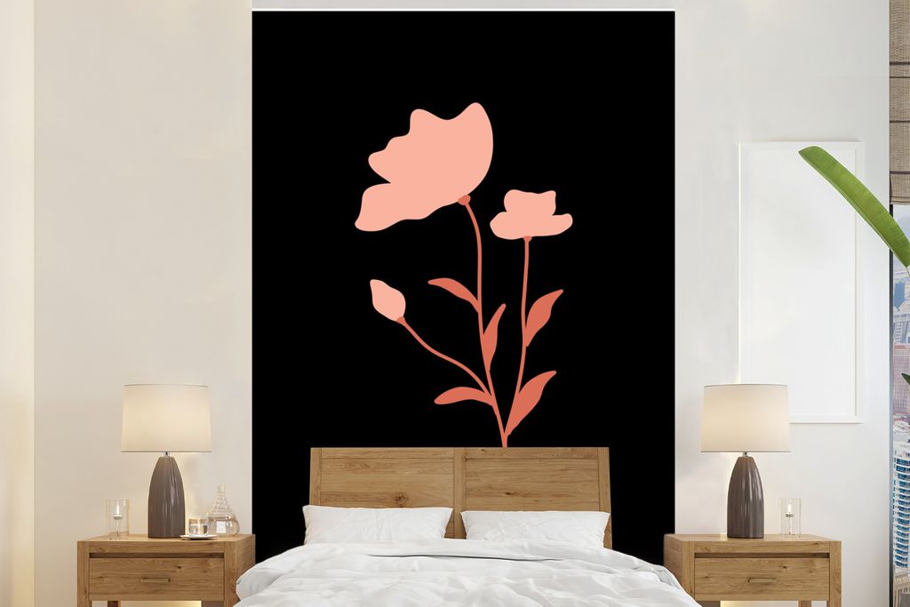 MuchoWow Fototapete für Wohnzimmer oder Schlafzimmer Wandtapete Vinyl Motivtapete Illustration einer rosa Blume auf schwarzem Hintergrund - 225x...