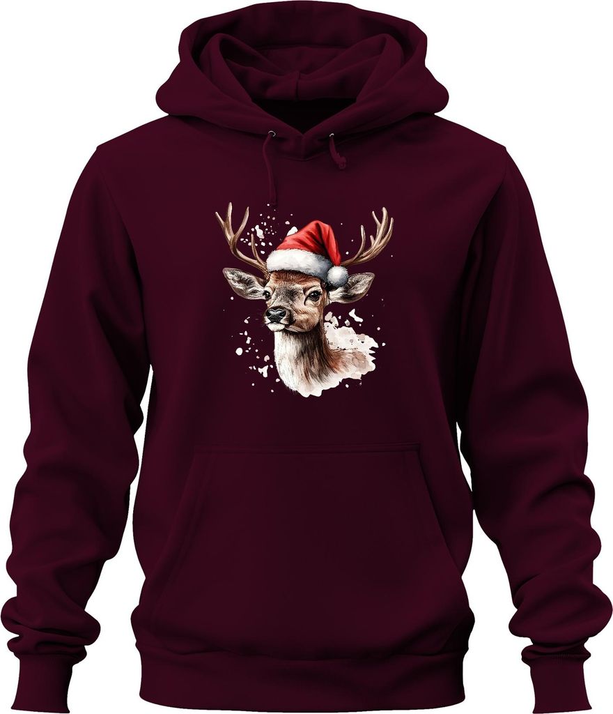 Rentier Geweih Santa Weihnachten Aquarell Spritzer Geschenk Uni Hoodie Kapuzenpullover, Burgundy, M