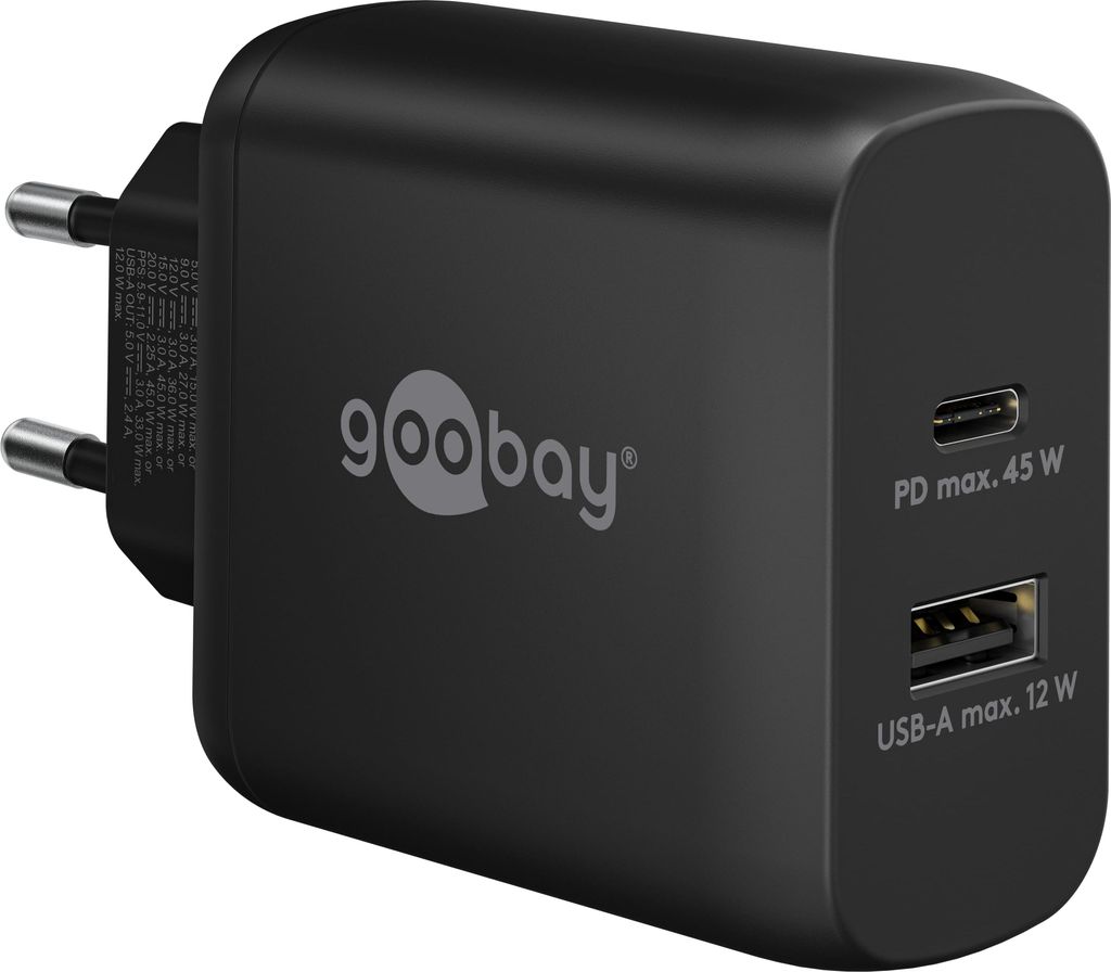 Goobay 65411 Dual Ladegerät 45W / USB-C & USB-A Schnellladegerät Power Delivery/Ladenetzteil mit 2 USB Anschlüssen/Charger für Handy, iPad, Tab...