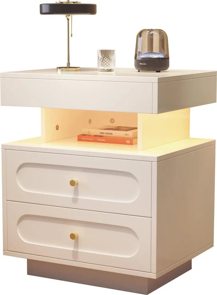 Commode de nuit blanche à LED avec compartiment ouvert et double tiroir - 12