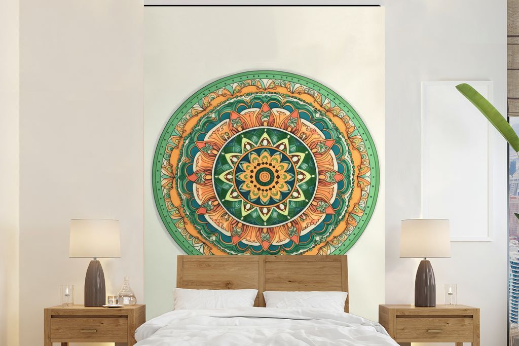 MuchoWow Fototapete für Wohnzimmer oder Schlafzimmer Wandtapete Vinyl Motivtapete Hippie - Mandala - Grün - Boho - Blumen - 155x240 cm - Tapete