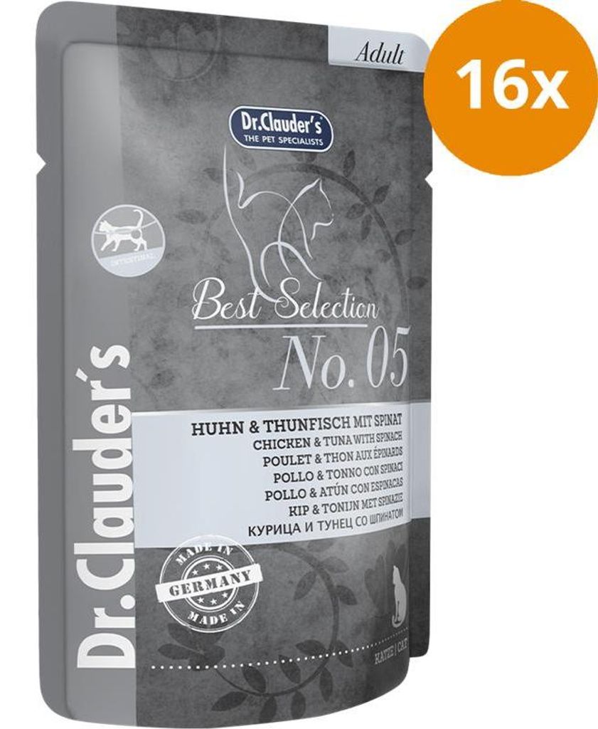 Dr.Clauder‘s Best Selection No 5 Huhn & Thunfisch mit Spinat, Adult, jede Rasse, Huhn, Spinat, Thunfisch, 85 g