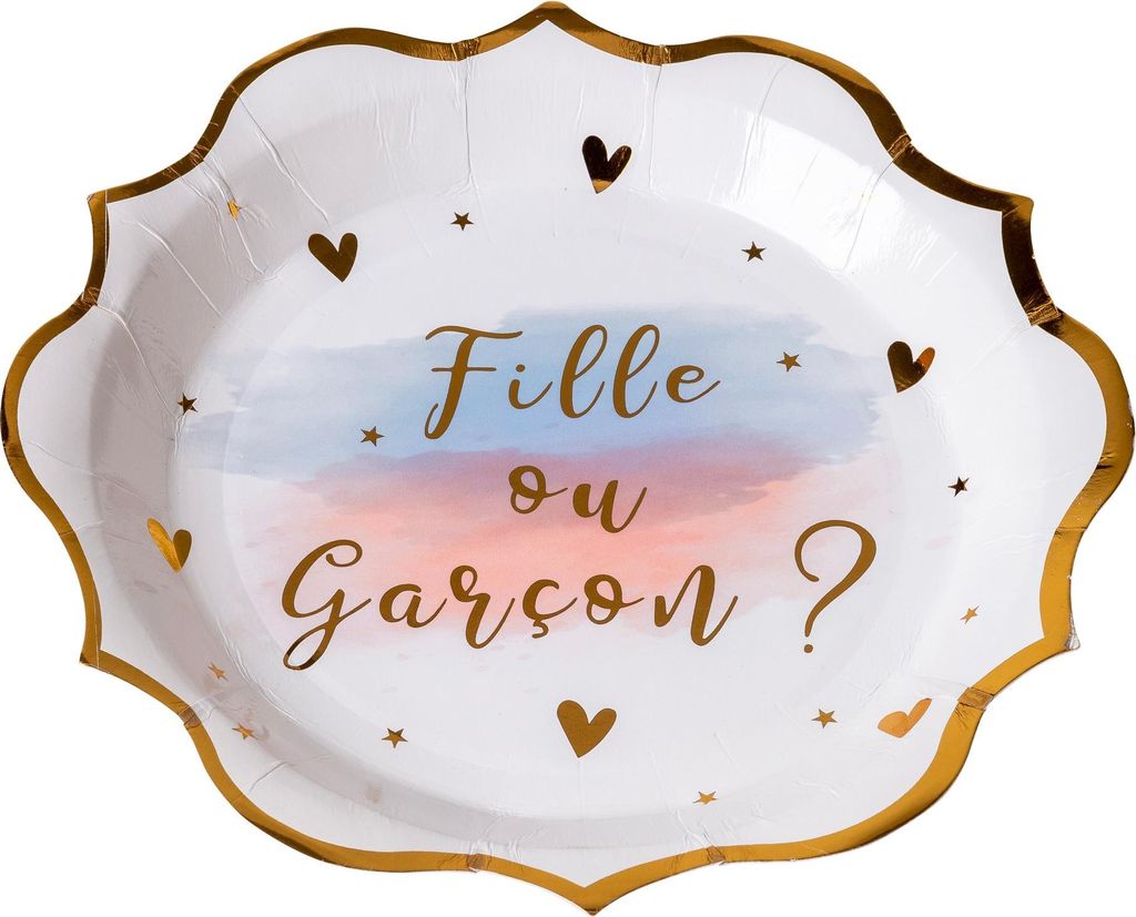 8 Pappteller Boy or Girl Karton rosa blau gold 23 cm - Einheitsgröße