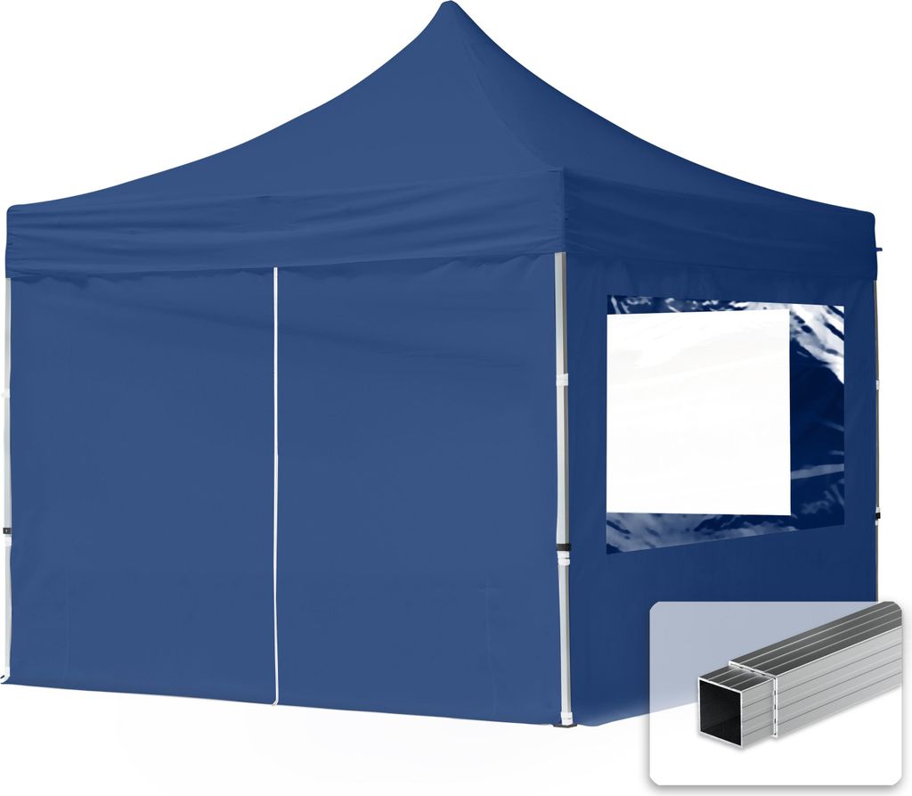 A dark blue pop-up tent with a window and a close-up of aluminum tubing.