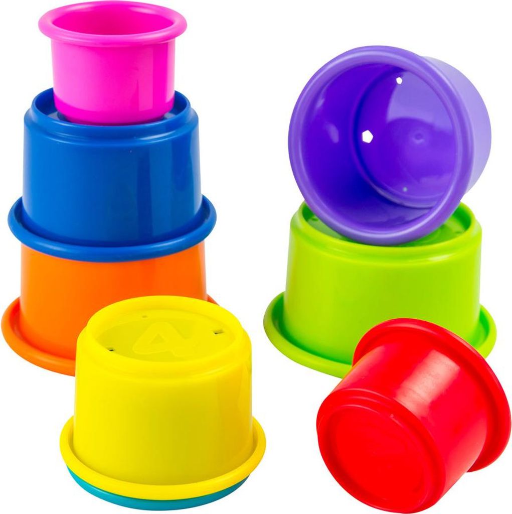 A collection of colorful stacking cups arranged in two groups against a white background.