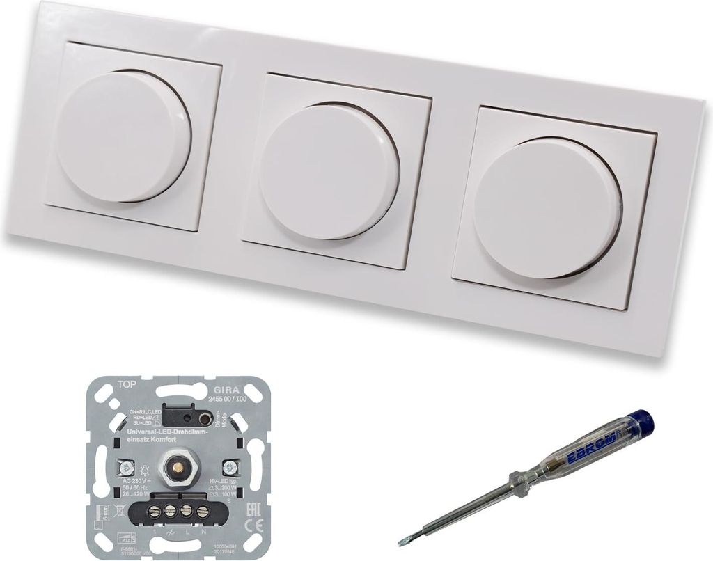 GIRA 245500 (3 Stück) LED Drehdimmer Dimmer + Dimmerscheiben Zentralscheiben 065003 in Gira E2 reinweiß glänzend im 3-fach Rahmen inkl. EBROM Ph...