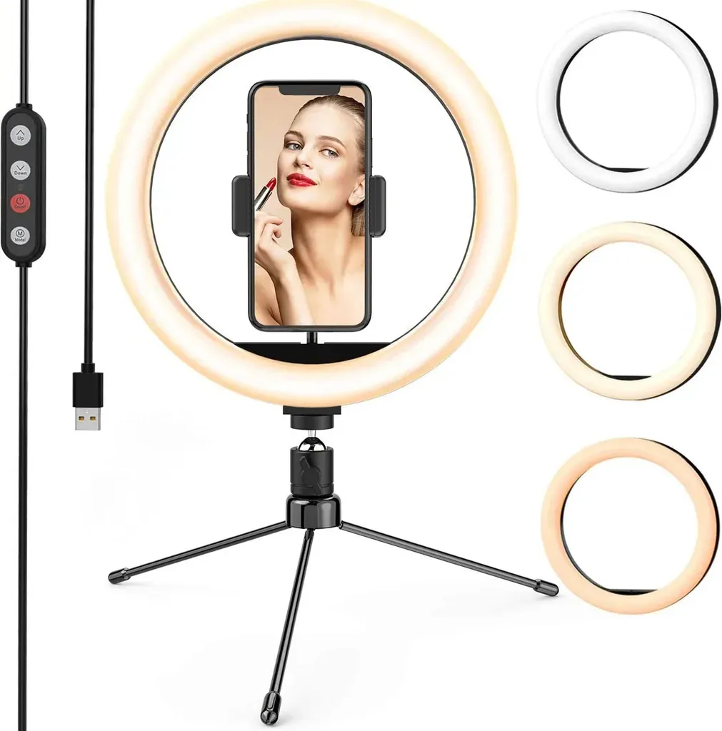 AIORBER Ring Light LED 26cm con Supporto e Portacellulare - Kit 360°