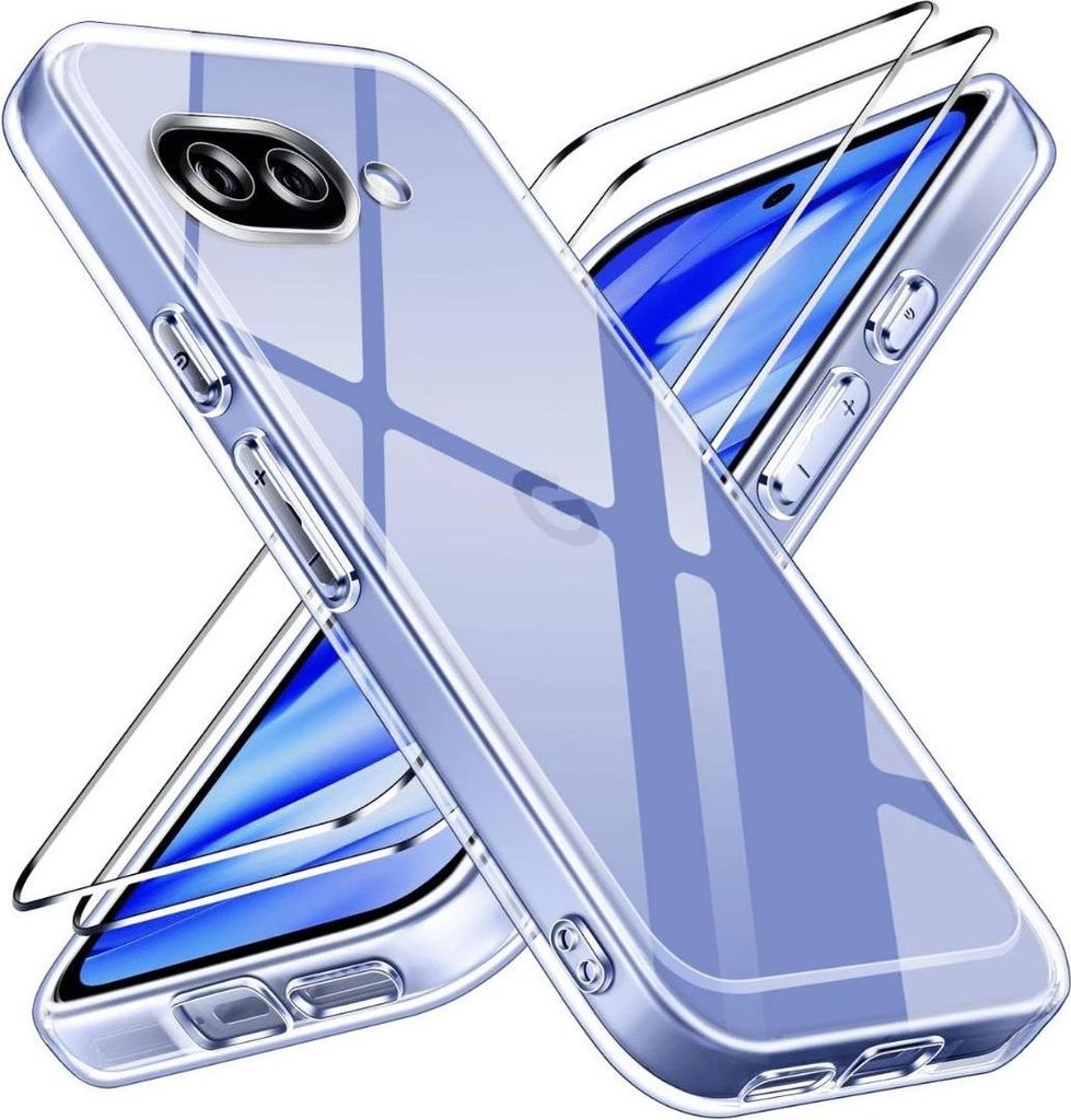 A clear protective case and screen protector for a smartphone, presented diagonally.