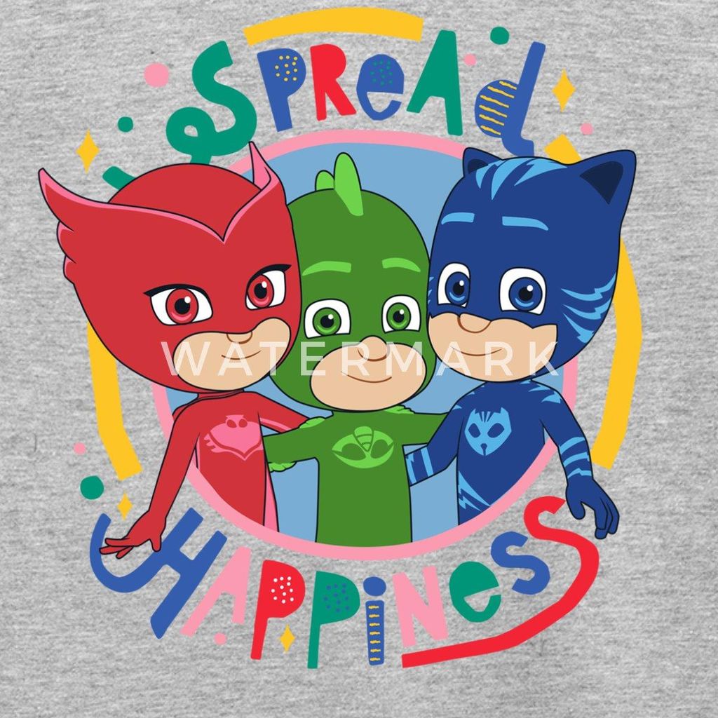 Spreadshirt PJ Masks Gruppenbild Eulette Gekko Catboy Kinder T-Shirt, 110/116 (5-6 Jahre), Grau meliert