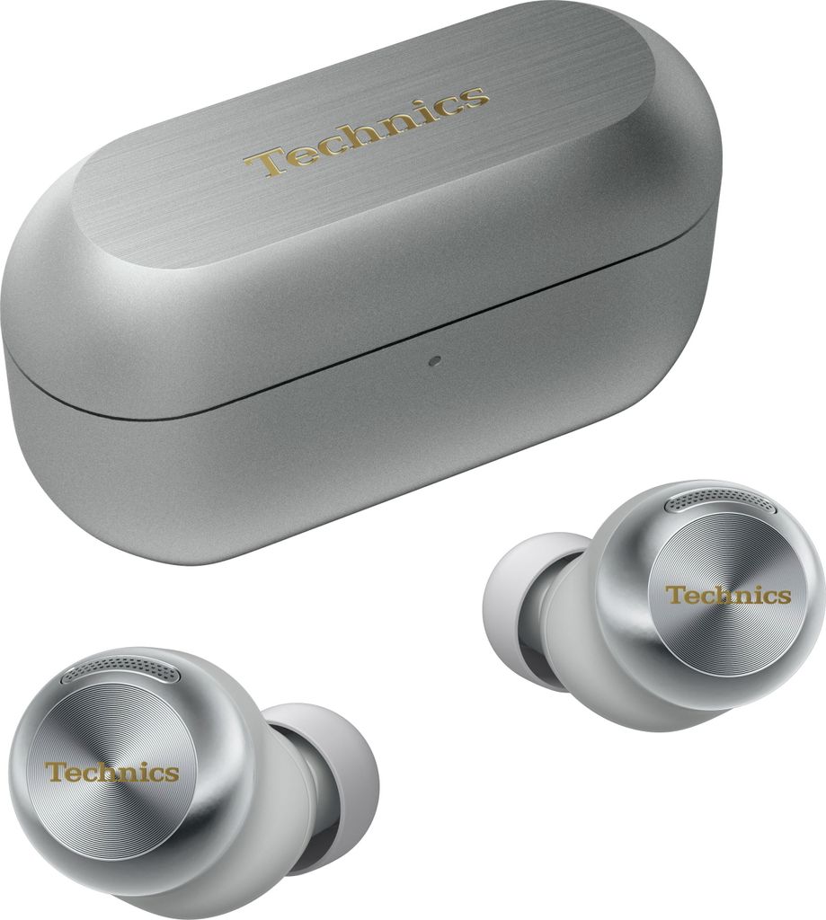 A pair of silver Technics wireless earbuds and their charging case are shown against a white background.